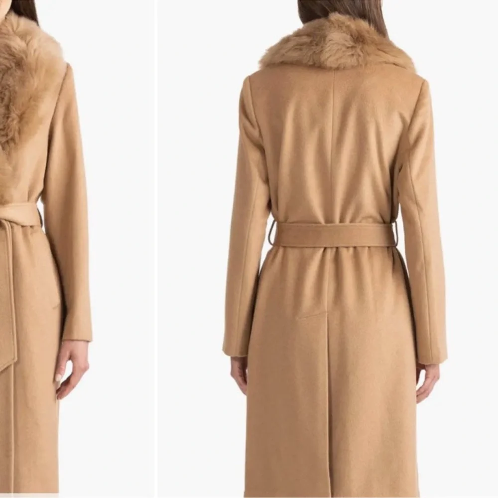 Sofia Cashmere Belted‎ Genuine Shearling Trim Coat NWT 14